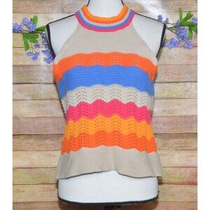 Cute THML Halter Top Sweater Color Block Crochet Ladies Size L Boho Festival